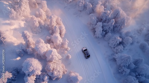 Top view of car near snowy forest. photo