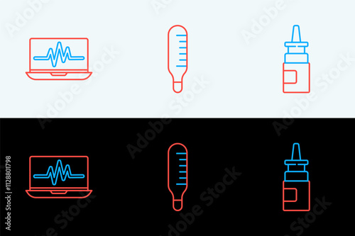 Set line Bottle nasal spray, Laptop with cardiogram and Medical thermometer icon. Vector