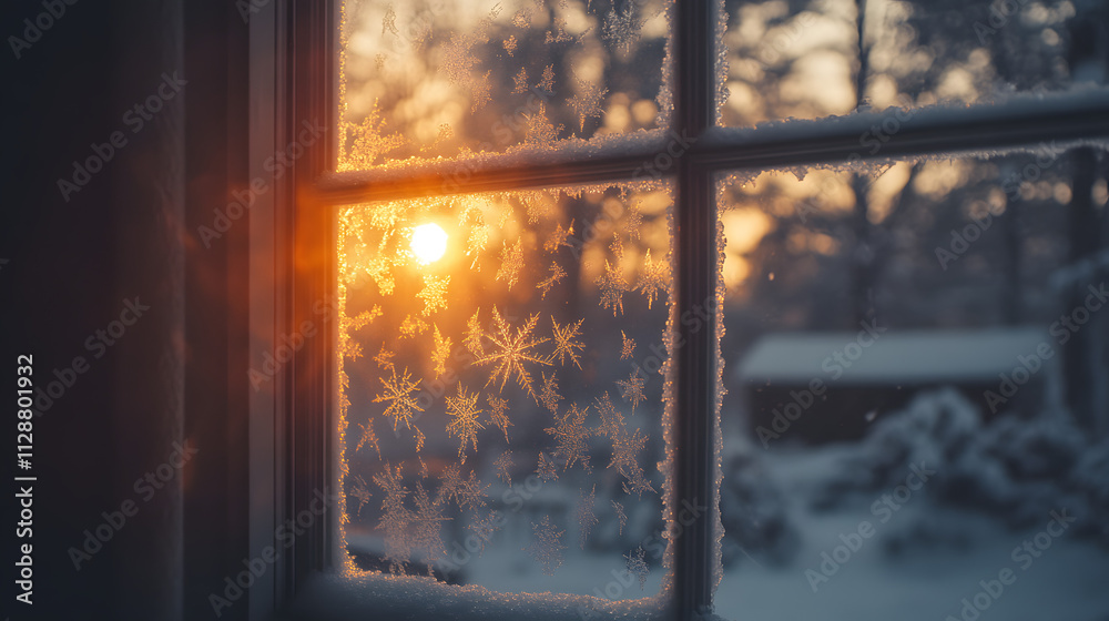 Fototapeta premium A frosted-over window adorned with natural snowflake patterns catching the sunrise.