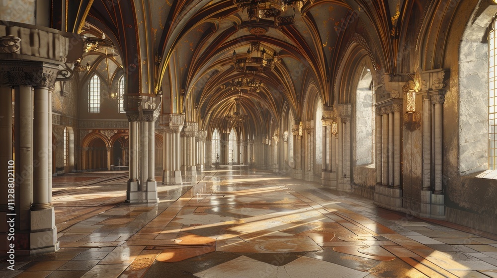 Fantasy medieval Great Hall in the royal palace. Fantasy medieval Great Hall in the royal palace.