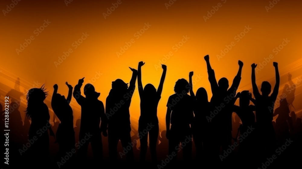 Silhouettes of people with their arms raised in a crowd at a concert. AI generative. . Silhouettes of people with their arms raised in a crowd at a concert. AI generative. .