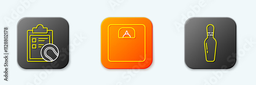 Set line Checklist clipboard and tennis ball, Bathroom scales and Bowling pin icon. Vector