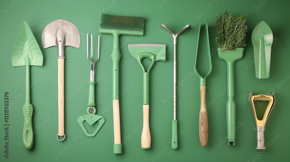 A set of gardening tools laid out on a green background.
