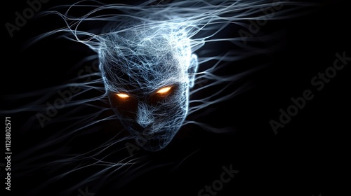 Glowing abstract face emerging from darkness with ethereal patterns and vibrant eyes creating mysterious and artistic fantasy-themed digital illustration