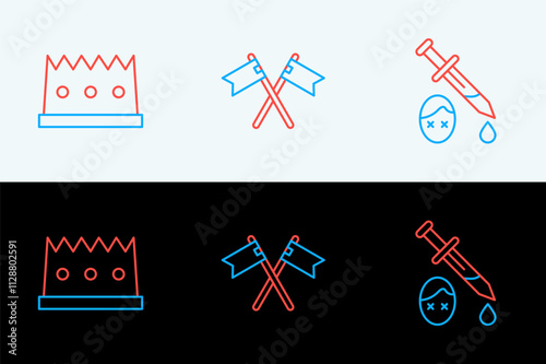 Set line Sword with blood, King crown and Crossed medieval flag icon. Vector