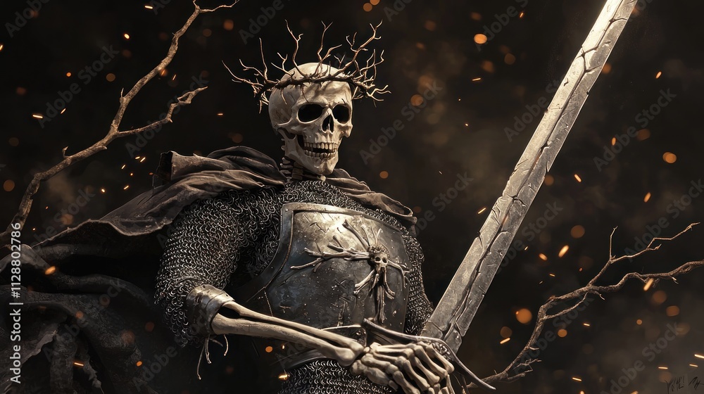 Skeletal Knight With Crown Holds Sword Amidst Embers Skeletal Knight With Crown Holds Sword Amidst Embers