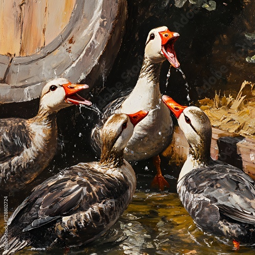 Geese by a water trough in a lively outdoor setting