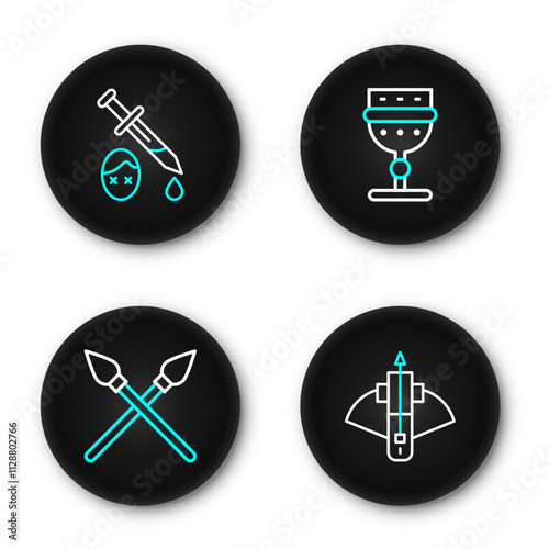 Set line Battle crossbow with arrow, Crossed medieval spears, Medieval goblet and Sword blood icon. Vector
