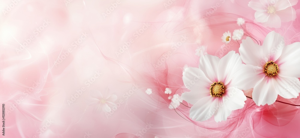 Pink floral background with white flowers, soft textures, delicate petals, and dreamy atmosphere, copy space for text Pink floral background with white flowers, soft textures, delicate petals, and dreamy atmosphere, copy space for text