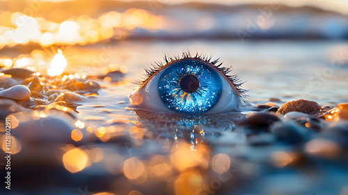 A glittering blue eye reflecting sunlight on a beach. photo