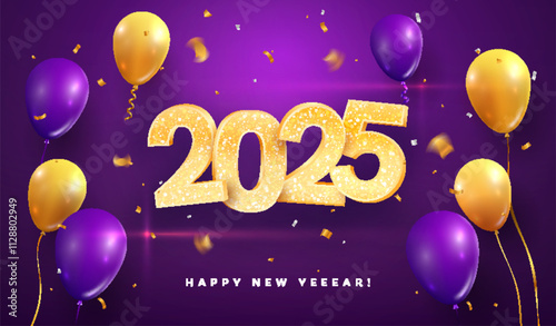 2025 Happy new year celebration vector illustration. Golden Christmas numbers and balloons on purple background.