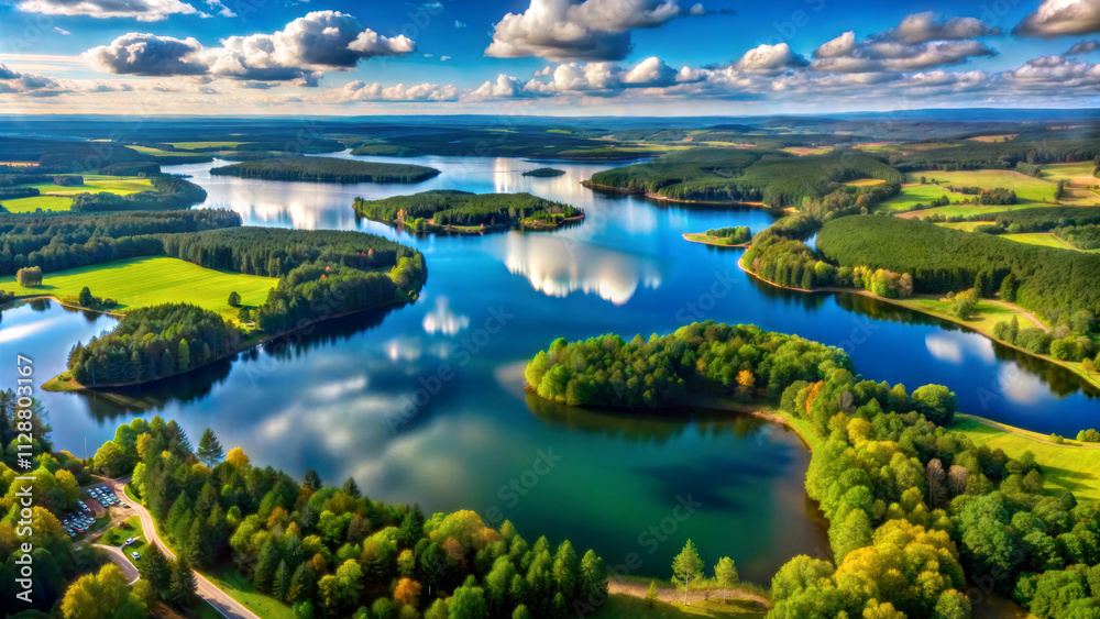 Naklejka premium Beautiful landscape in a picturesque place with a lake and lush green forest