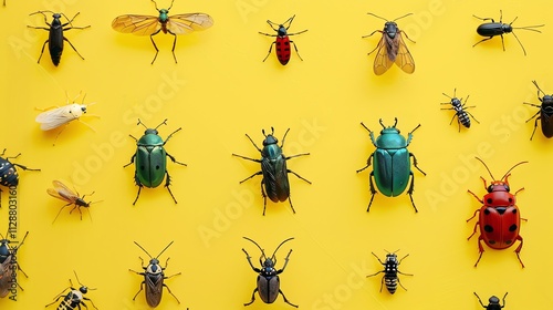 A variety of colorful insects arranged on a yellow background. photo