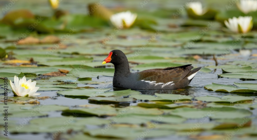 Tranquil moorhen swimming amidst water lilies in serene wetland environment Tranquil moorhen swimming amidst water lilies in serene wetland environment
