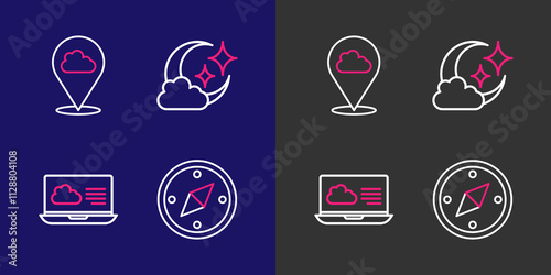 Set line Compass, Weather forecast, Cloud with moon and Location cloud icon. Vector