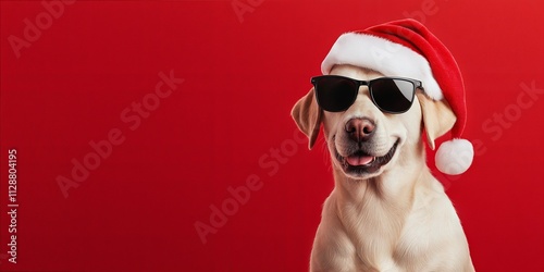 Cool Labrador Retriever in Santa Hat and Sunglasses - Festive Holiday Banner Concept With Copy Space photo