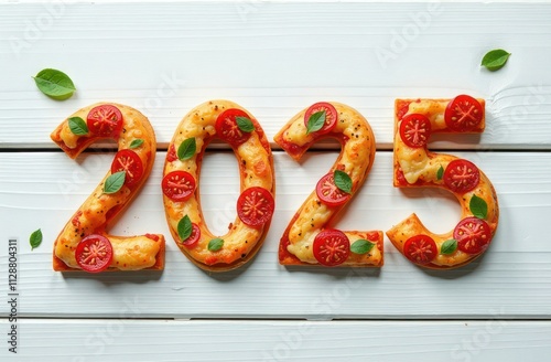 Numbers 2025 cut from pizza with tomatoes, baked cheese and basil leaves. Pizzeria, cafe, fast food. New Year, Christmas