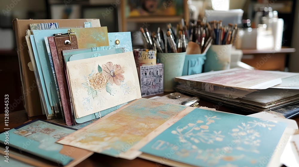 Fototapeta premium A creative workspace featuring art supplies, papers, and tools for crafting and design.