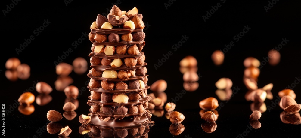 Chocolate tower with hazelnuts, stacked layers of chocolate and nuts, scattered hazelnuts in background, glossy surface, copy space for text Chocolate tower with hazelnuts, stacked layers of chocolate and nuts, scattered hazelnuts in background, glossy surface, copy space for text