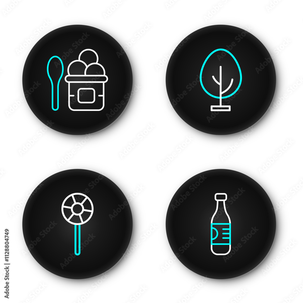 Set line Bottle of water, Lollipop, Tree and Ice cream in bowl icon. Vector Set line Bottle of water, Lollipop, Tree and Ice cream in bowl icon. Vector