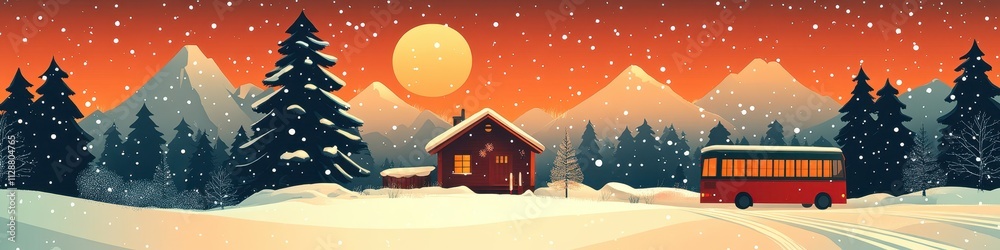 Winter banner with Cozy Barn, Snowy Landscape, Mountainous Background - Holiday Marketing Material or Winter Background Winter banner with Cozy Barn, Snowy Landscape, Mountainous Background - Holiday Marketing Material or Winter Background