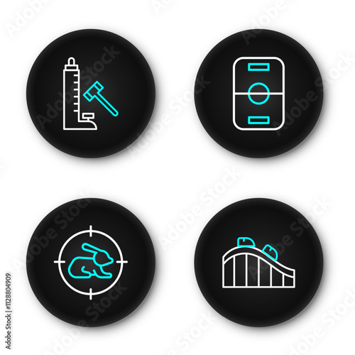 Set line Roller coaster, Hunt on rabbit with crosshairs, Hockey table and Striker attraction hammer icon. Vector