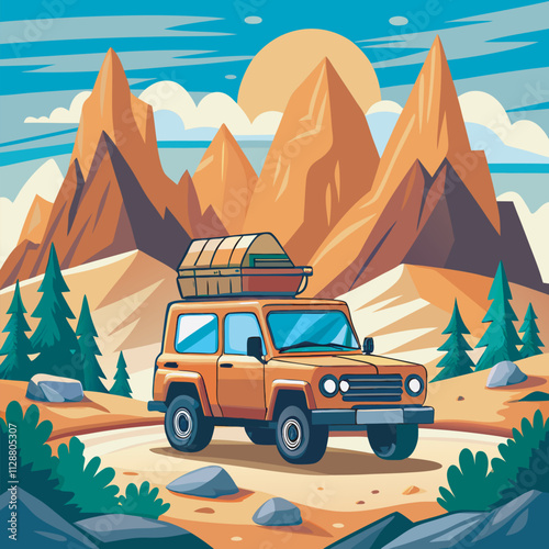 Yellow SUV parked on a dirt road, mountains in the background