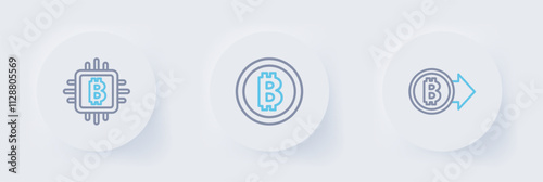 Set line Bitcoin, and CPU mining farm icon. Vector