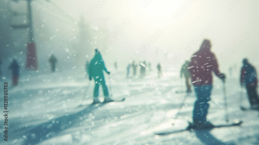Hazy figures shredding the slopes on skis and boards Hazy figures shredding the slopes on skis and boards