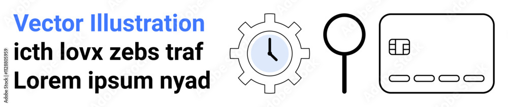 Clock gear icon, credit card, and magnifying glass on a white background accompanied by text elements. Ideal for time management, business, fintech, search, research, organization and productivity Clock gear icon, credit card, and magnifying glass on a white background accompanied by text elements. Ideal for time management, business, fintech, search, research, organization and productivity