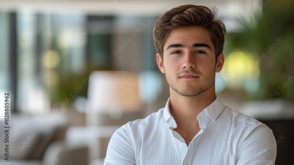Obraz premium Young Man in White Shirt Looking Directly at the Camera