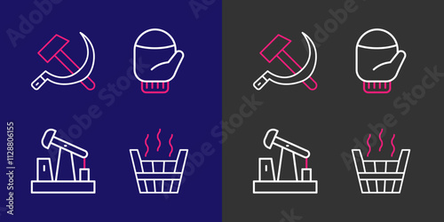 Set line Sauna bucket, Oil pump or pump jack, Christmas mitten and Hammer and sickle USSR icon. Vector