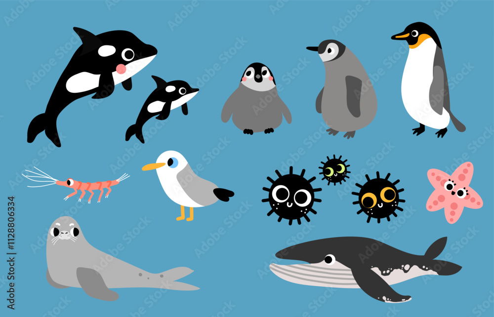 Naklejka premium cartoon arctic animals, featuring orcas, penguins, seals, whales, sea urchins, shrimp, and a seagull. educational book illustration creatures characters.