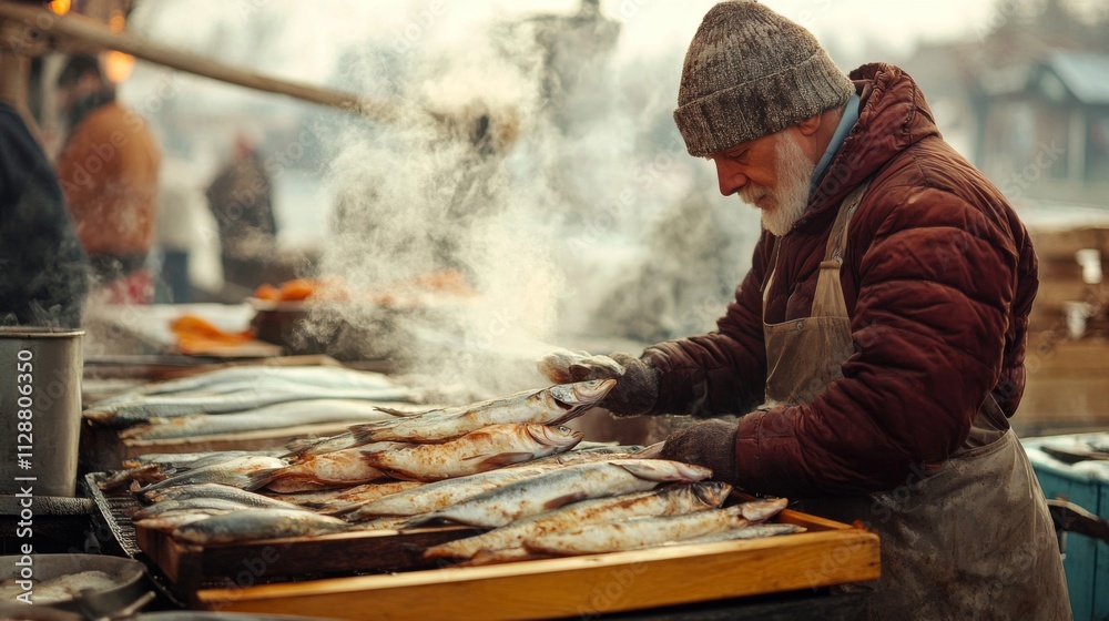 Elderly Man Selling Smoked Fish at a Market Stall Elderly Man Selling Smoked Fish at a Market Stall