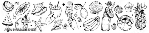 Tropical fruit icon set, vector summer vacation illustration, hand drawn exotic coconut drink doodle. Fresh juice tasty ice cream, beach seashell, pineapple dessert, banana. Tropical summer collection