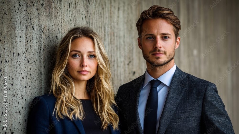 A Professional Couple Standing Side-by-Side Against a Concrete Wall A Professional Couple Standing Side-by-Side Against a Concrete Wall