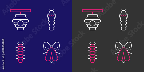 Set line Clothes moth, Centipede, Larva insect and Hive for bees icon. Vector
