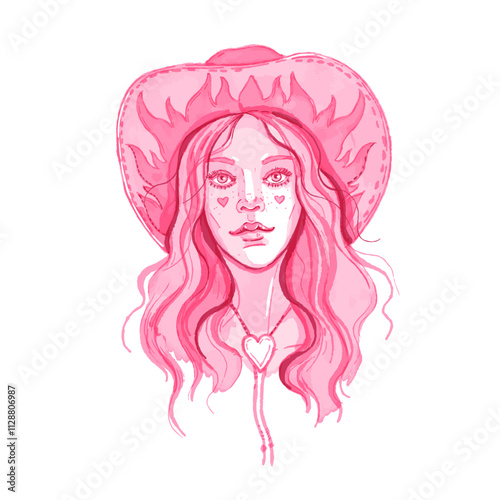 Vintage cowgirl portrait, comic Texas watercolor woman, vector beautiful curly hair, cowboy hat. Pink coquettish country female character, 50s lady fashion poster. American pretty cowgirl portrait
