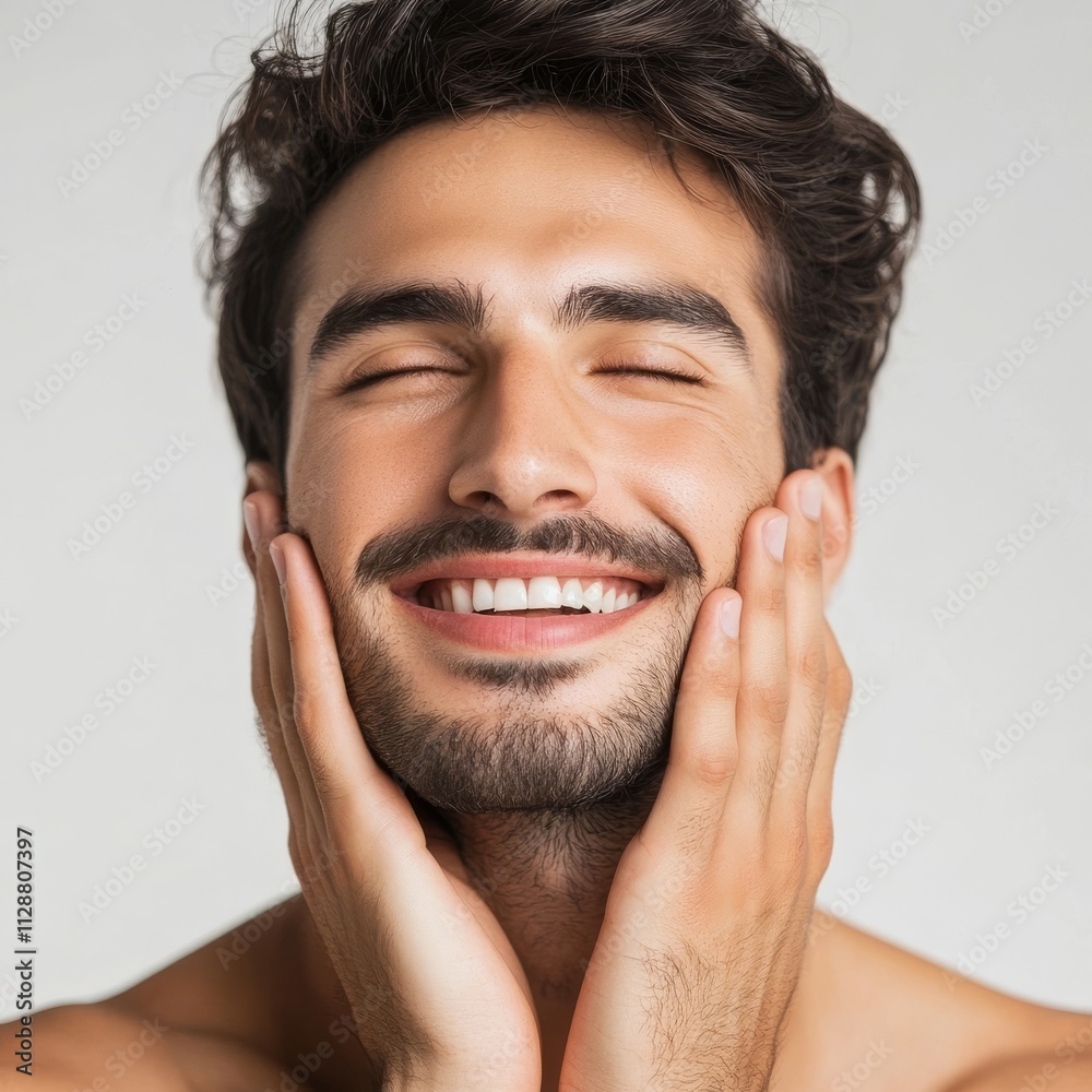 Beauty and health implied by man touching face. Beauty and health implied by man touching face.