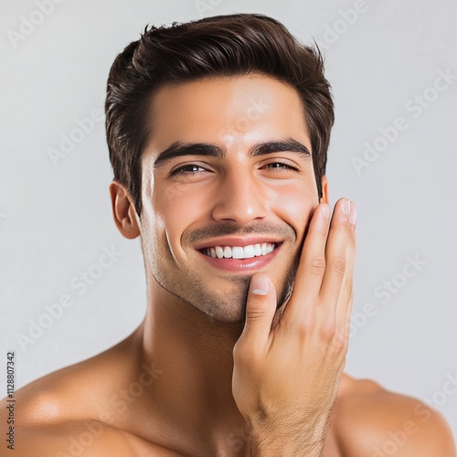 Smiling man's touch on face suggests beauty and health.