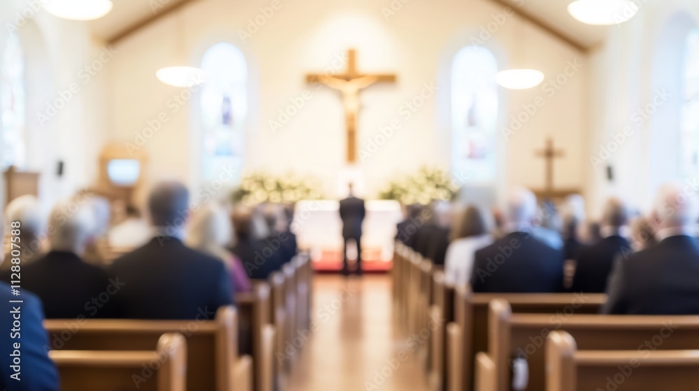 A blurred view of a church sanctuary filled with people in the pews, with a pastor standing under a large cross at the altar, symbolizing worship, faith, and religious gathering A blurred view of a church sanctuary filled with people in the pews, with a pastor standing under a large cross at the altar, symbolizing worship, faith, and religious gathering
