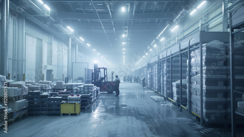 In a temperature-controlled cold storage facility, fresh produce, seafood, and dairy are carefully stored. Forklifts move crates