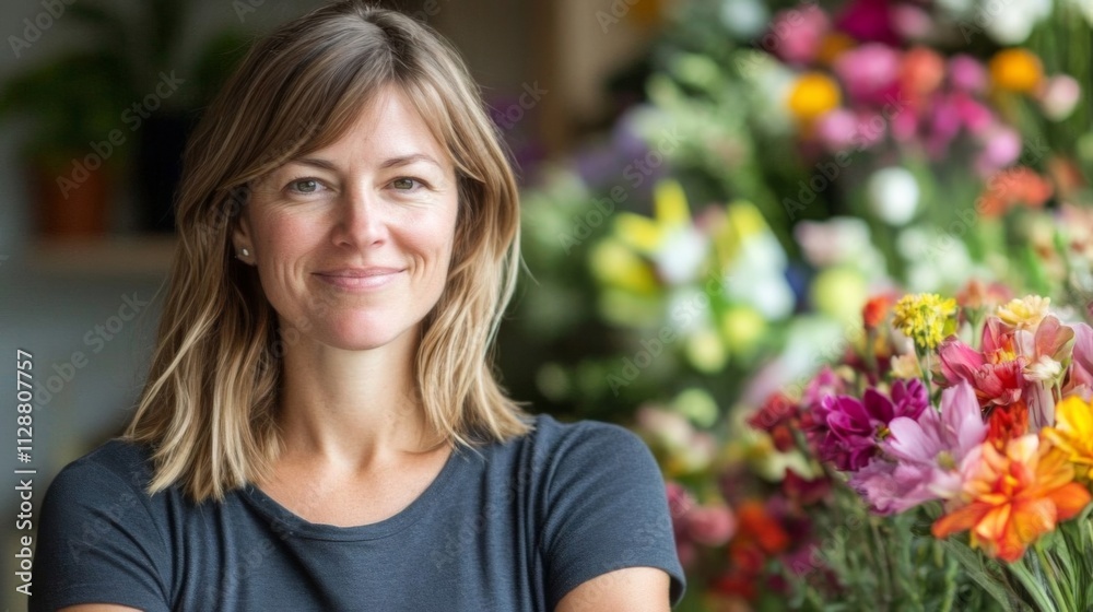 Woman Smiling in Front of a Floral Display Woman Smiling in Front of a Floral Display