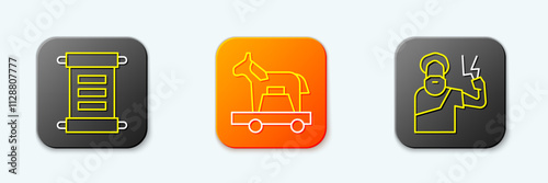 Set line Decree, parchment, scroll, Trojan horse and Zeus icon. Vector