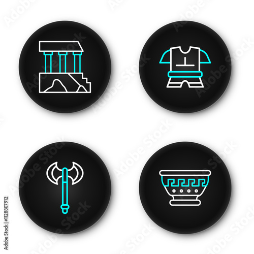 Set line Greek ancient bowl, Medieval axe, Body armor and Parthenon icon. Vector