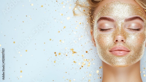Relaxing beauty treatment with golden face mask and glitter background