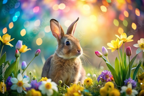 Charming Easter Rabbit with Bokeh Effect for Spring Celebrations, Perfect for Seasonal Decorations, Greeting Cards, and Festive Imagery in Vibrant Colors and Whimsical Style
