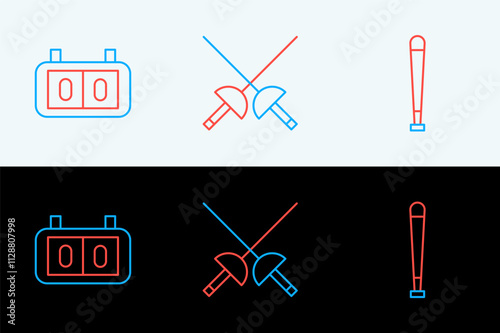 Set line Baseball bat, Sport mechanical scoreboard and Fencing icon. Vector