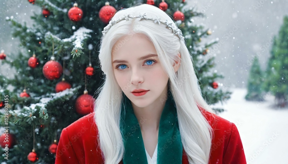 young woman at Christmas Bright white hair, bright blue eyes, with a red coat standing in front of a decorated Christmas tree, surrounded by snowfall in an idyllic winter landscape young woman at Christmas Bright white hair, bright blue eyes, with a red coat standing in front of a decorated Christmas tree, surrounded by snowfall in an idyllic winter landscape