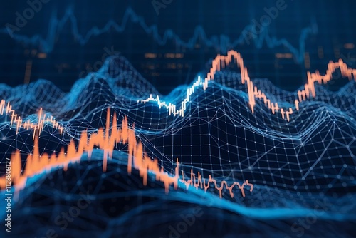 Sound wave illustration on a dark background. Abstract blue digital equalizer indicators. Voice graph meter or audio electronic tracks photo